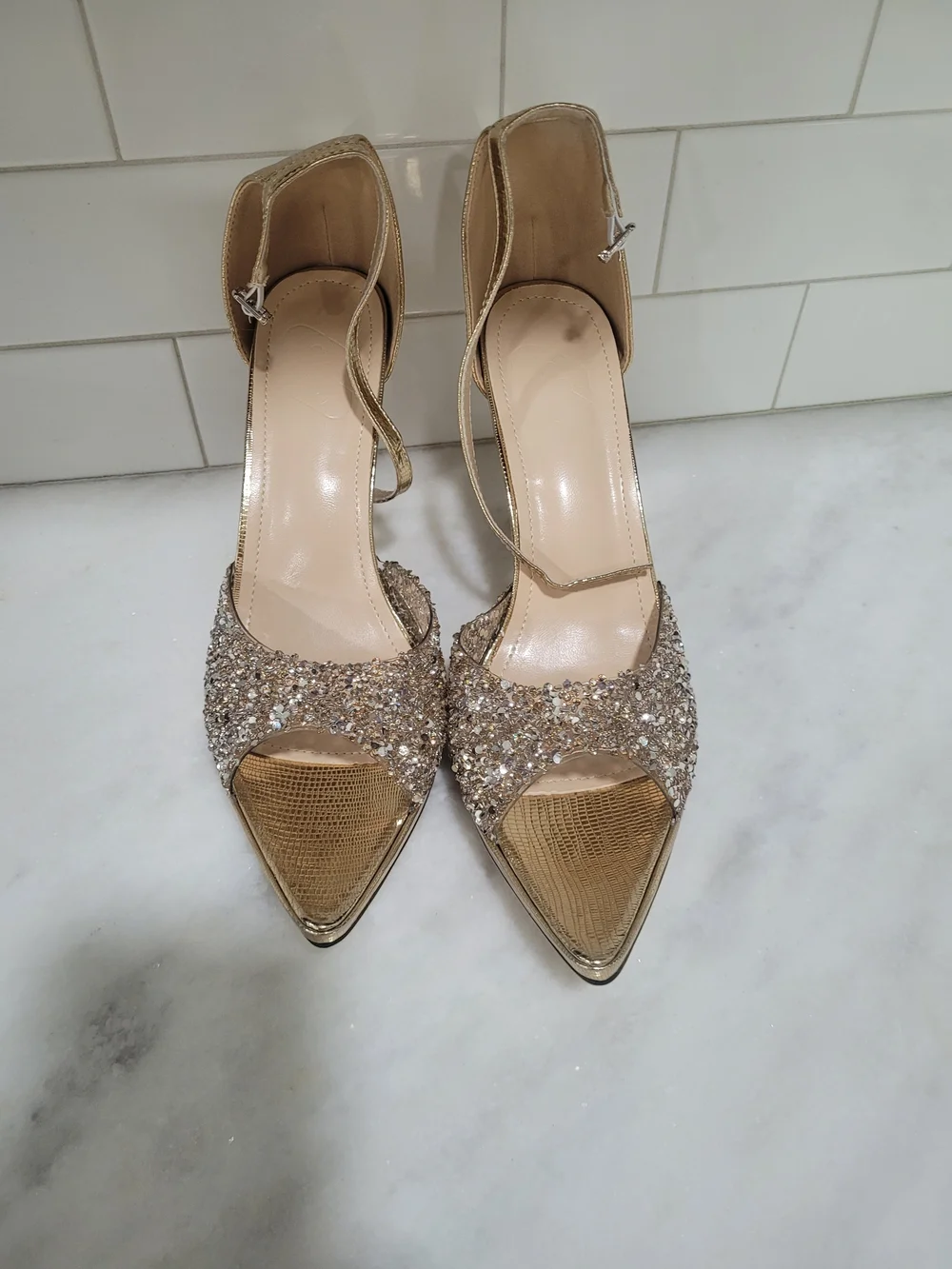 SHEIN Gold Crystal Peep-Toe Ankle-Strap Heels